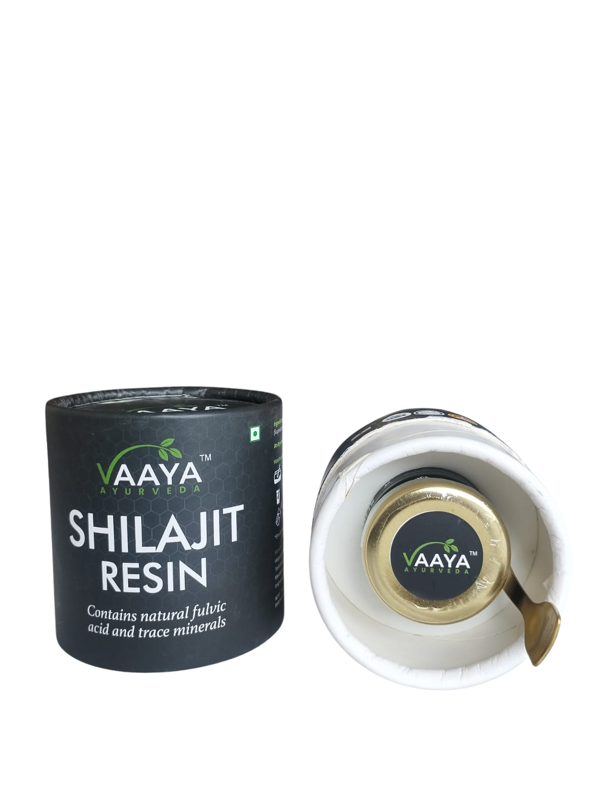 Vaaya Shilajit Resin tube with jar and spoon