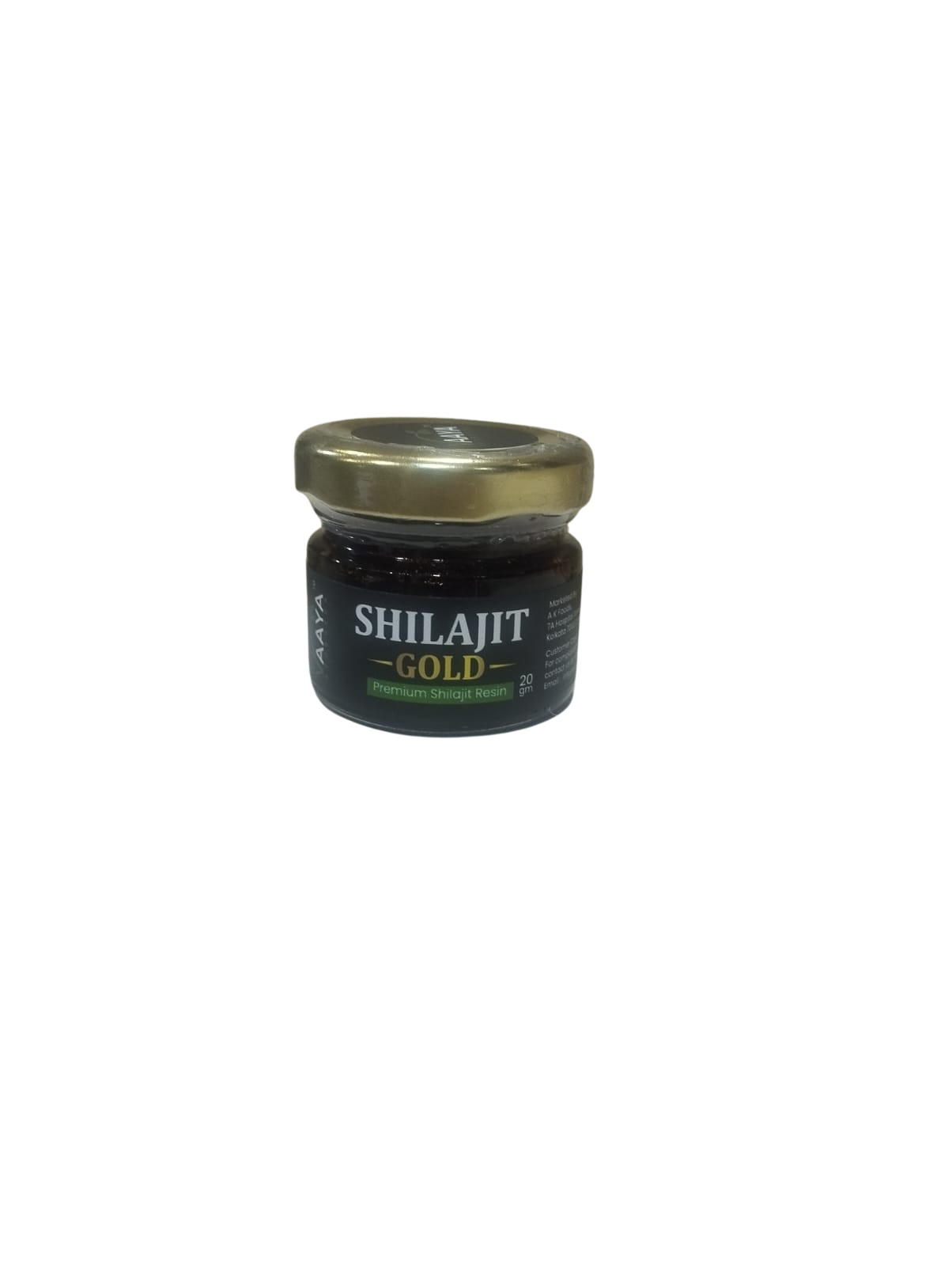 Vaaya Shilajit Gold Resin in a gold-lidded glass jar